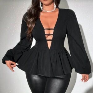 SHEIN Black Deep V-Neck Blouse